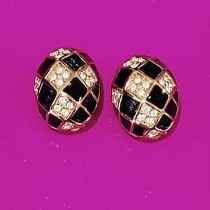 Joan Rivers Green Blue Enamel Rhinestones Crystals Dome Clip On EarringsJ